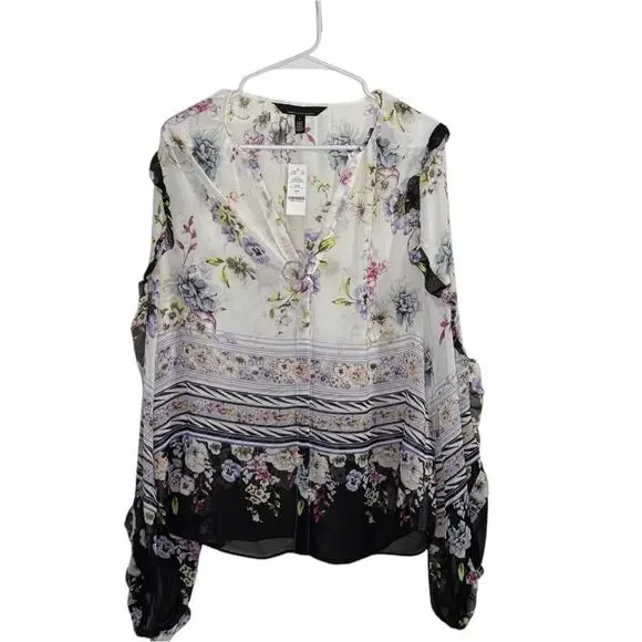 White House Black Market Women L Top Floral Cottagecore Ruffle Garden Fairy Work - Picture 2 of 10